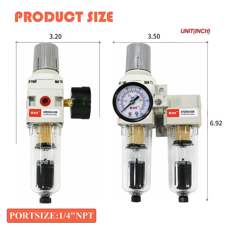 RIH Store Pneumatics 1/4'' NPT Auto Drain Compressed Air Double Filter & Regulator, Air Drying System, Air Compressor Water Separator, Poly Bowl,0-150 psi Gauge, 5 Micron Brass Element (1/4 NPT) AC2011-02D - Image 2